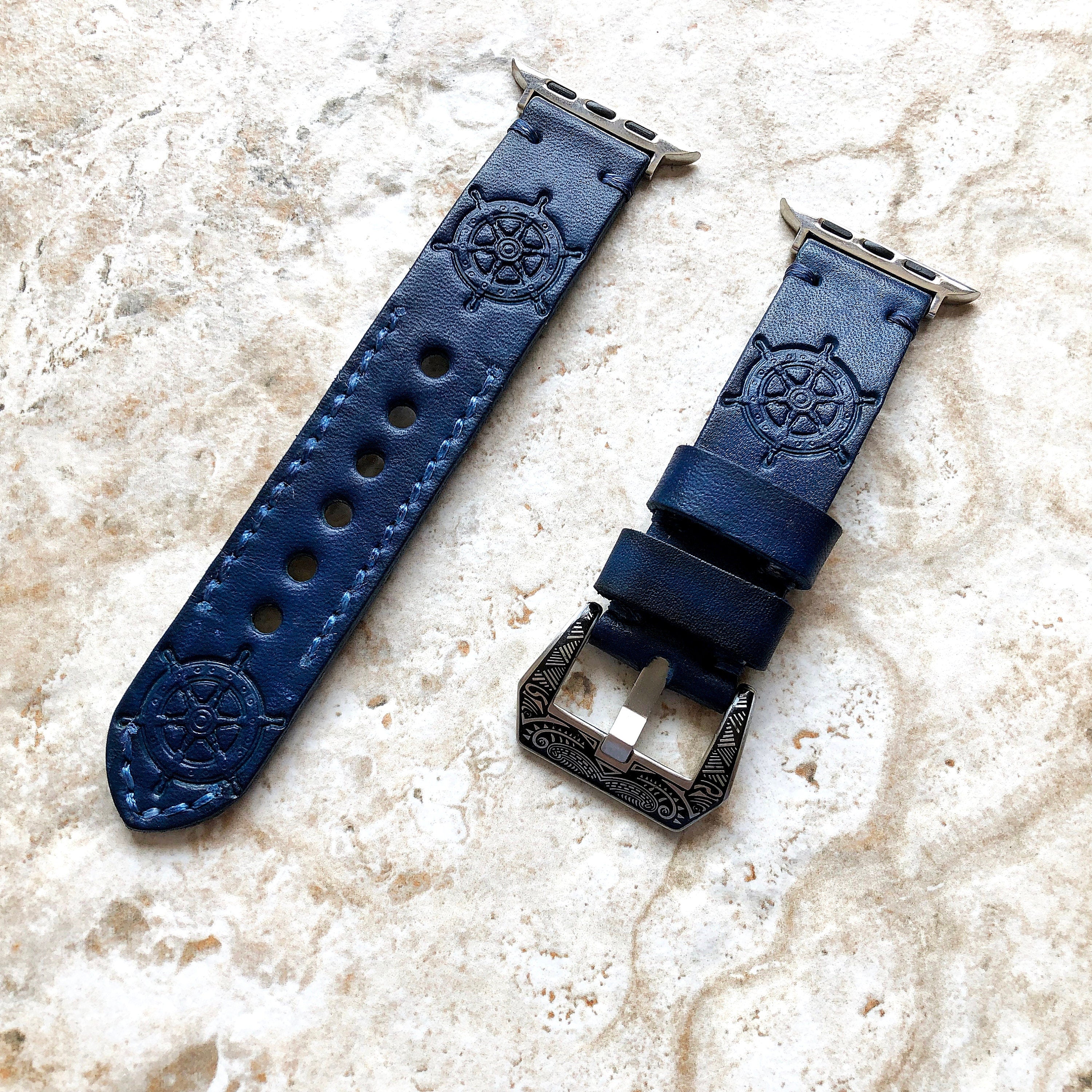 Royalty Rudder Band 22mm 24mm 25mm Tooled Embossed Genuine Leather Compatible with Apple Watch Fitbit Versa 2 3 4 Sense 2 Ionic Strap